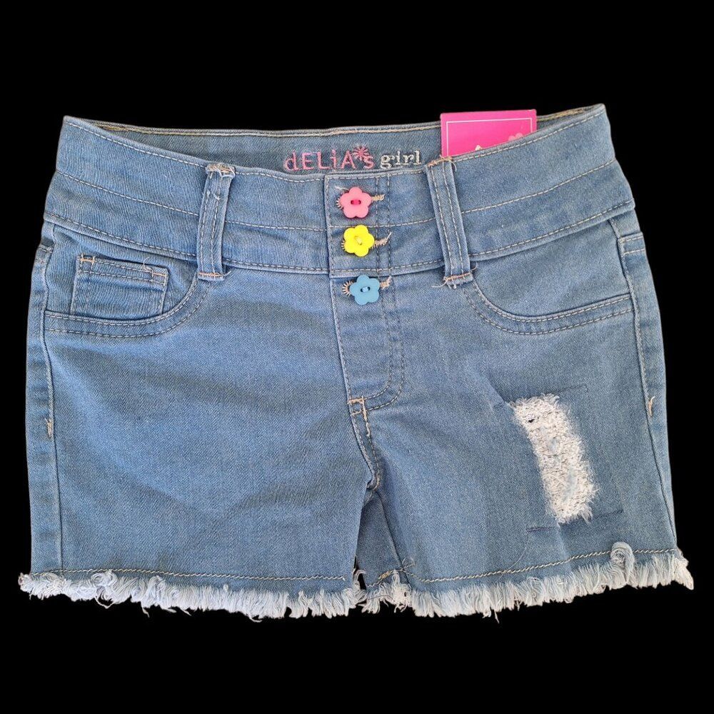 DELiA's girl size 4 jeans shorts NWT Expandable Colorful Buttons Fringe Hem NWT